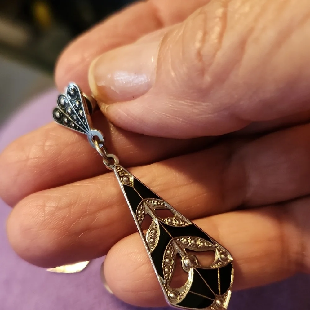 Black and Gold Geometric Dangle Earrings - Picture 4 of 4